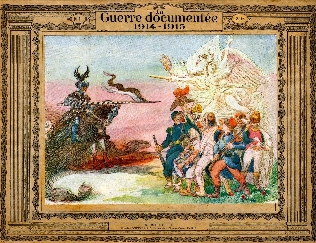 Allegorie des Konflikts: Französische Truppen, geführt von der Siegesgöttin, gehen zum Angriff auf Deutschland, verkörpert durch den Tod zu Pferd von Adolphe Leon Willette