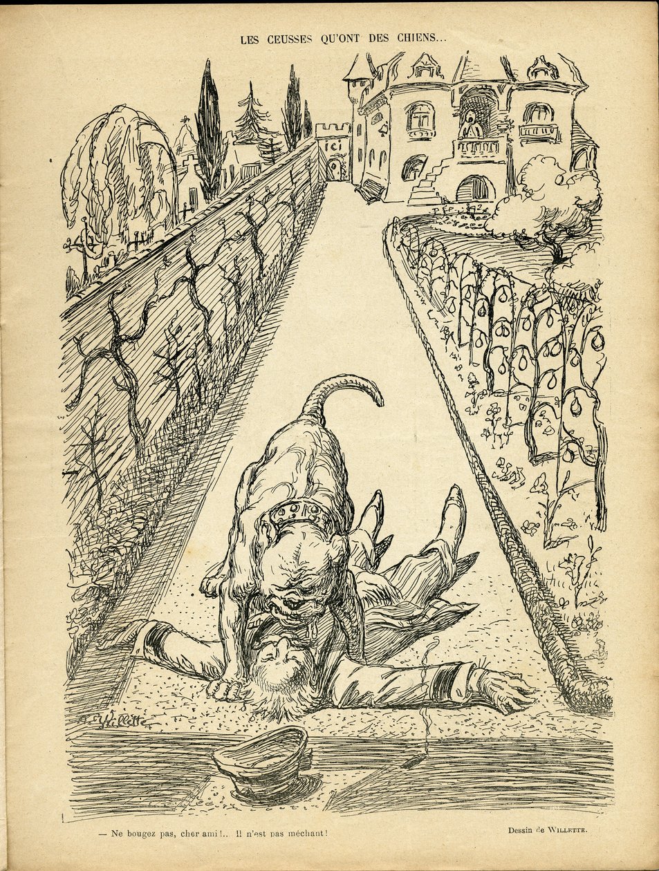 Illustration von Adolphe dit Willette (1857-1926) in Le Rire, 27/02/09 - Les ceusses que on des chiens - Architektur Urbanismus, Tiere - Hund, Pitt-Bull von Adolphe Leon Willette