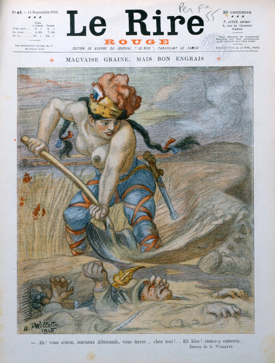 Marianne begräbt deutsche Soldaten in den Marne-Schützengräben, Karikatur aus der Zeitschrift 