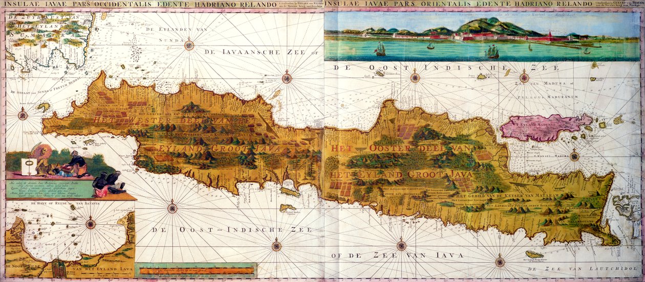 Insulae lavae, eine große Faltkarte von Java mit zwei Einsätzen, die beide Ansichten von Batavia (Jakarta) darstellen, niederländisch, veröffentlicht von Gerard van Keulen, Amsterdam, ca. 1715 von Adriaan Reland