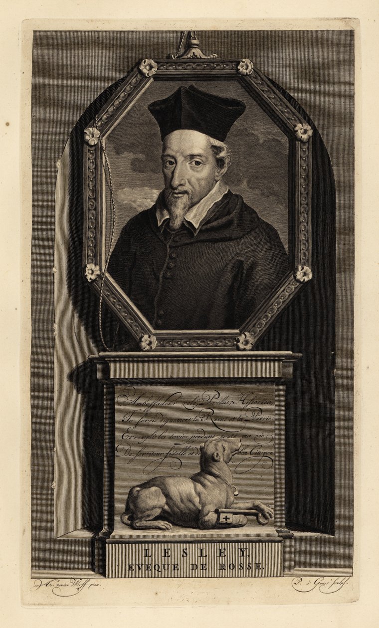 John Lesley, schottischer Historiker und Bischof von Ross. Eveque de Rosse. Hund mit Schlüssel. Kupferstich von Pieter Stevens van Gunst nach Adriaen van der Werff aus Isaac de Larrey’s Histoire d’Angleterre, d’Ecosse et d’Irlande, Amsterdam von Adriaan van der (after) Werff