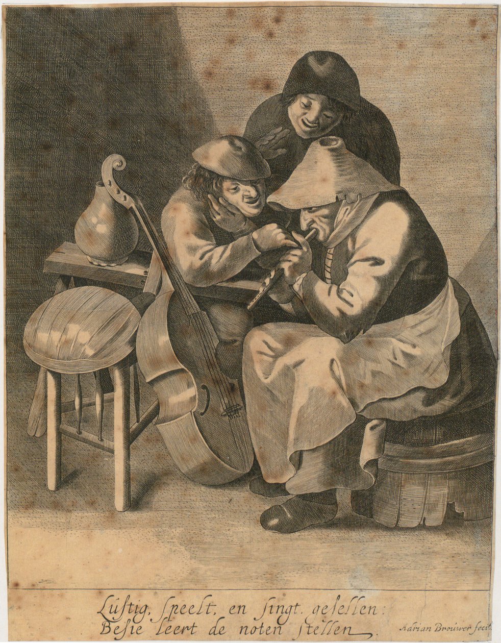 Flötenspielerin und zwei Bauern von Adriaen Brouwer