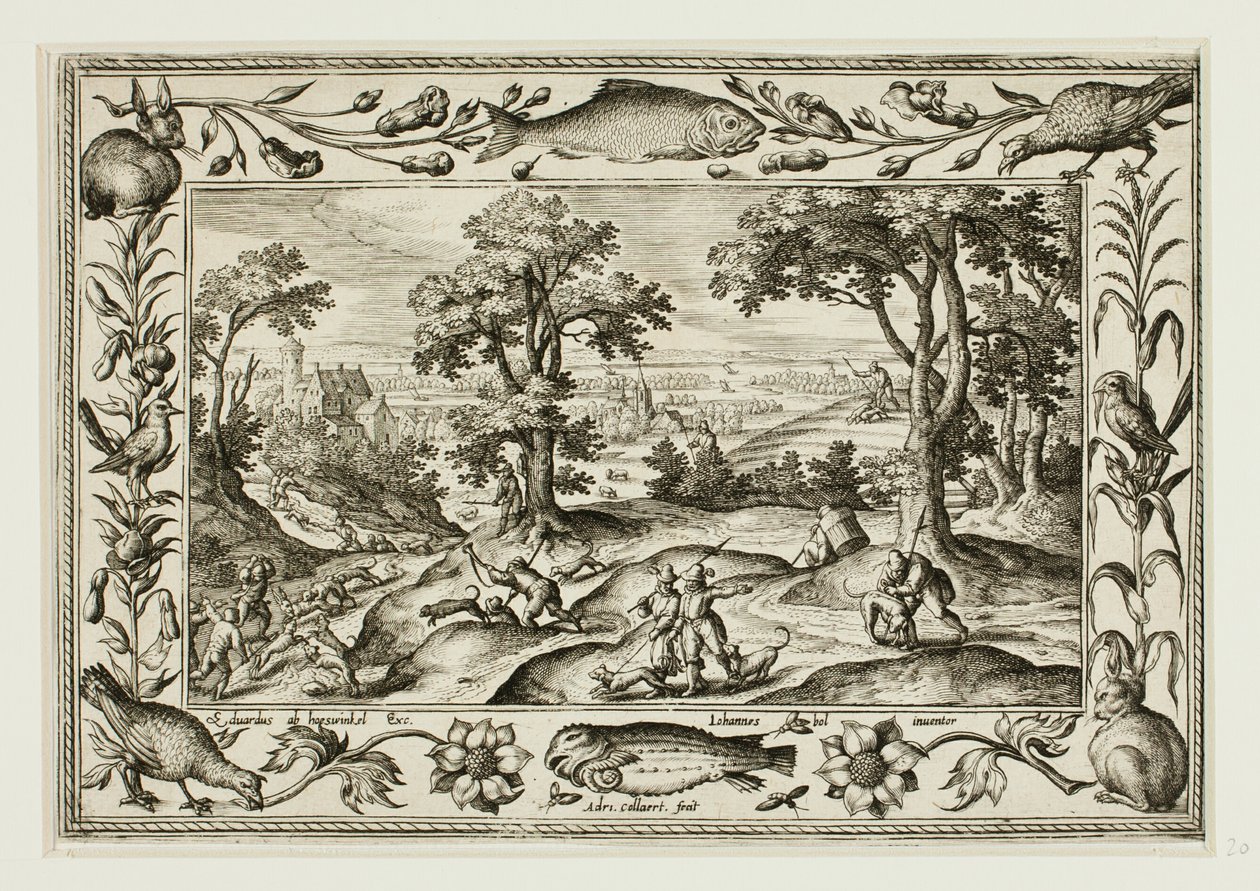 Hasenjagd, aus Landschaften mit Szenen aus dem Alten und Neuen Testament und Jagdszenen von Adriaen Collaert