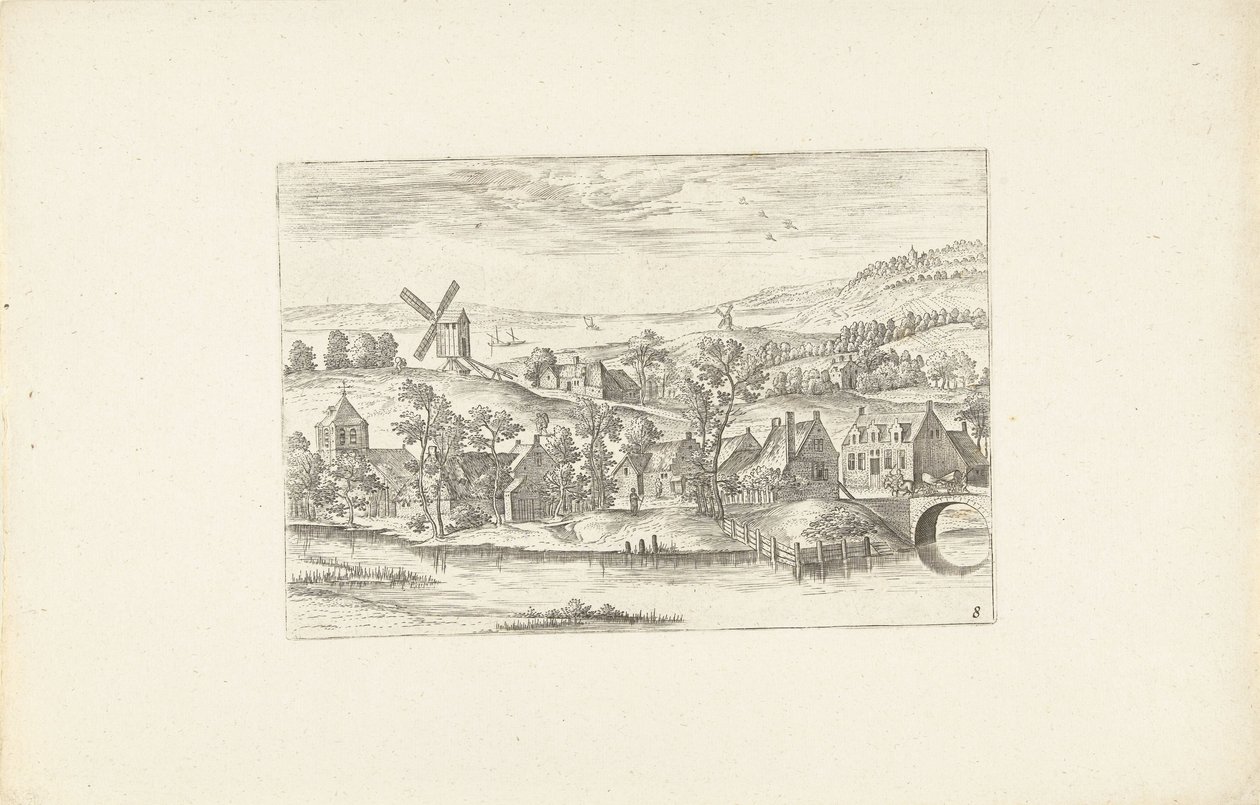Landschaft mit einem Fluss und einer Windmühle von Adriaen Collaert