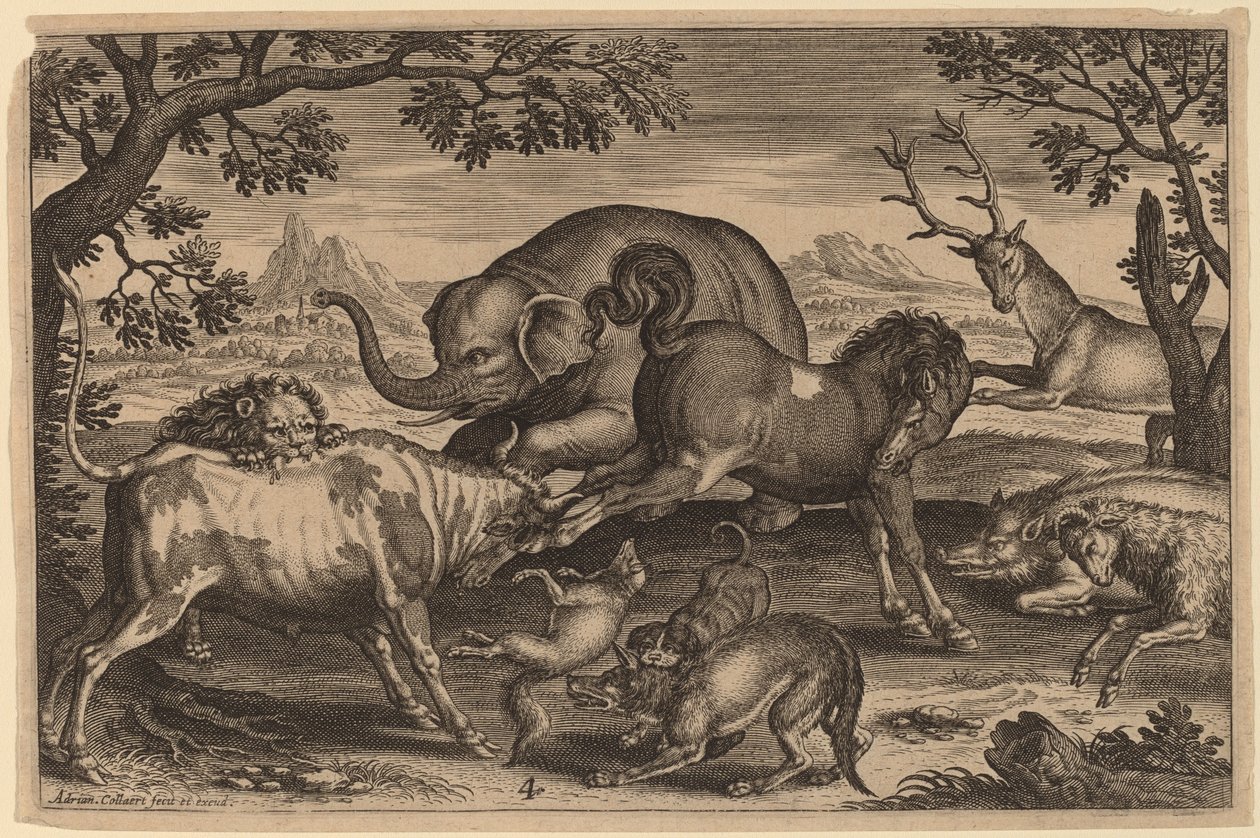 Löwe, Stier, Fuchs, Wolf, Hund, Eber, Ziege, Pferd, Elefant und Hirsch von Adriaen Collaert