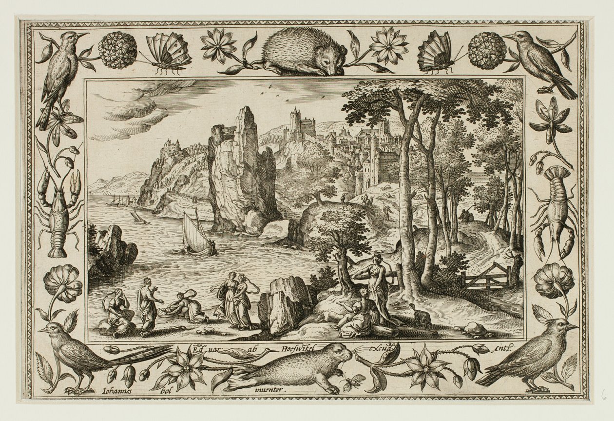 Die Tochter des Pharao findet Moses, aus Landschaften mit alten und neuen Testament-Szenen und Jagdszenen von Adriaen Collaert