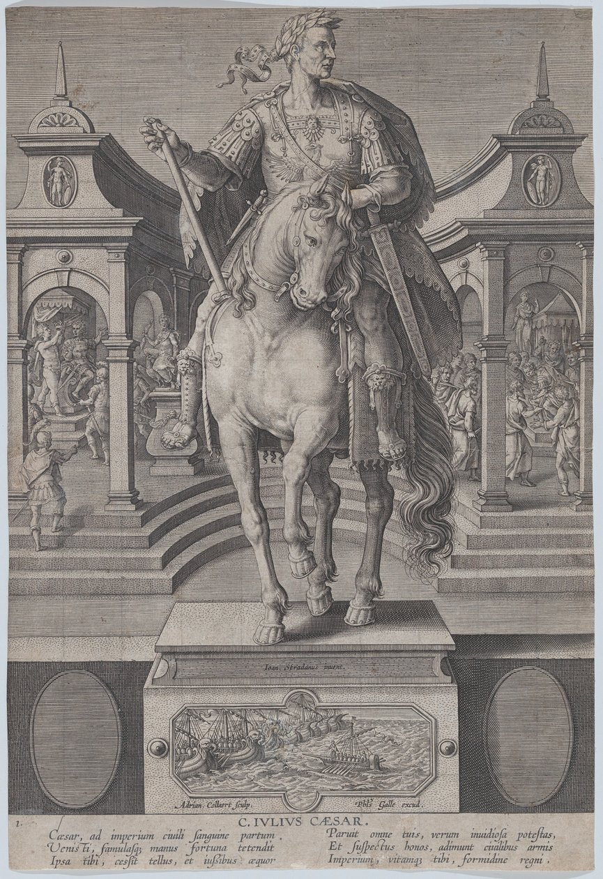 Tafel 1: Reiterstatue von Julius Caesar, von vorne gesehen, mit einer Szene von..., ca. 1587-89 von Adriaen Collaert