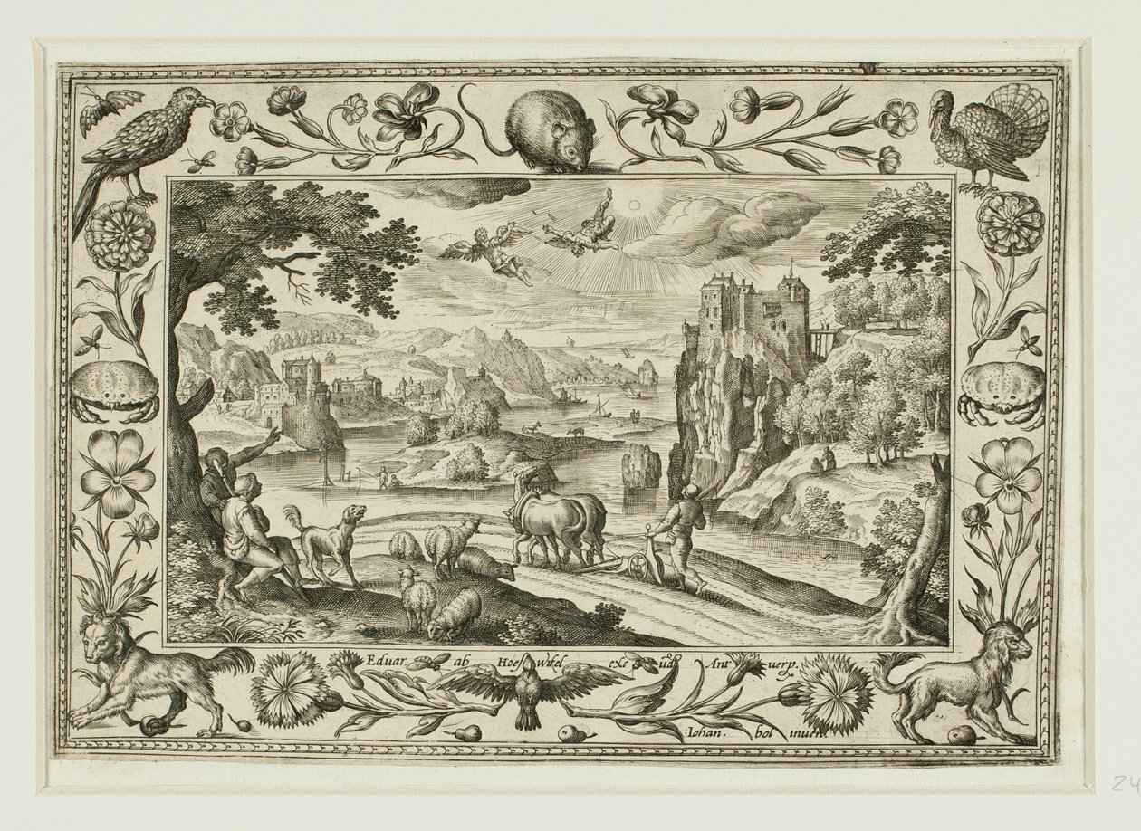 Der Fall des Ikarus, aus Landschaften mit Alten und Neuen Testament-Szenen und Jagdszenen von Adriaen Collaert