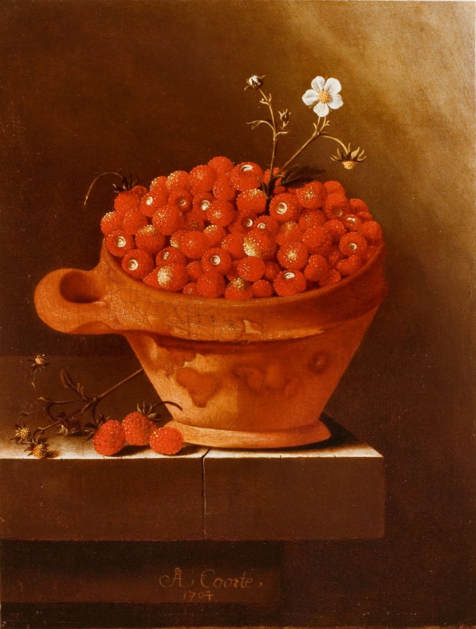Irdene Schale mit Erdbeeren auf einem steinernen Sockel von Adrian Coorte