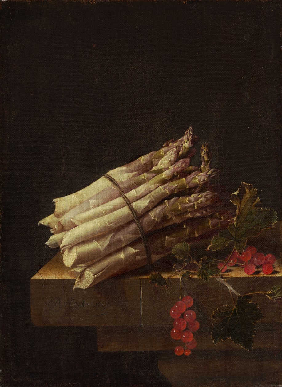 Stillleben mit Spargel und roten Johannisbeeren von Adrian Coorte