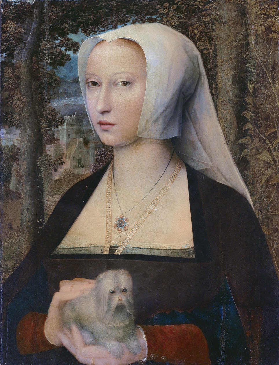 Porträt einer Dame, halblang, mit einem Hund von Adriaen Isenbrandt