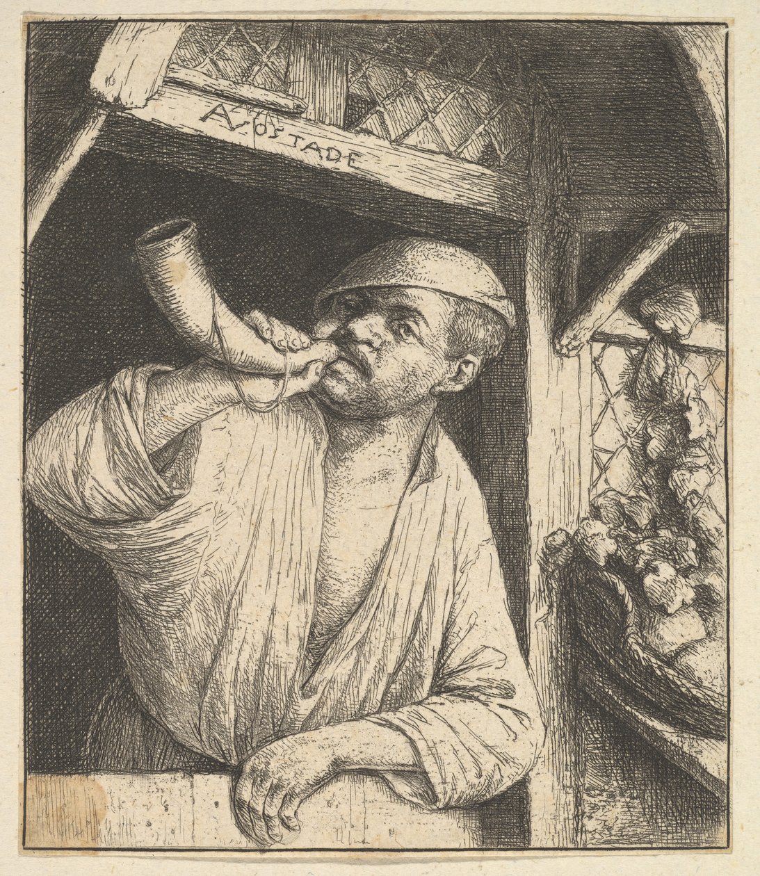 Bäcker bläst Horn, 1610-85 von Adriaen Jansz. van Ostade
