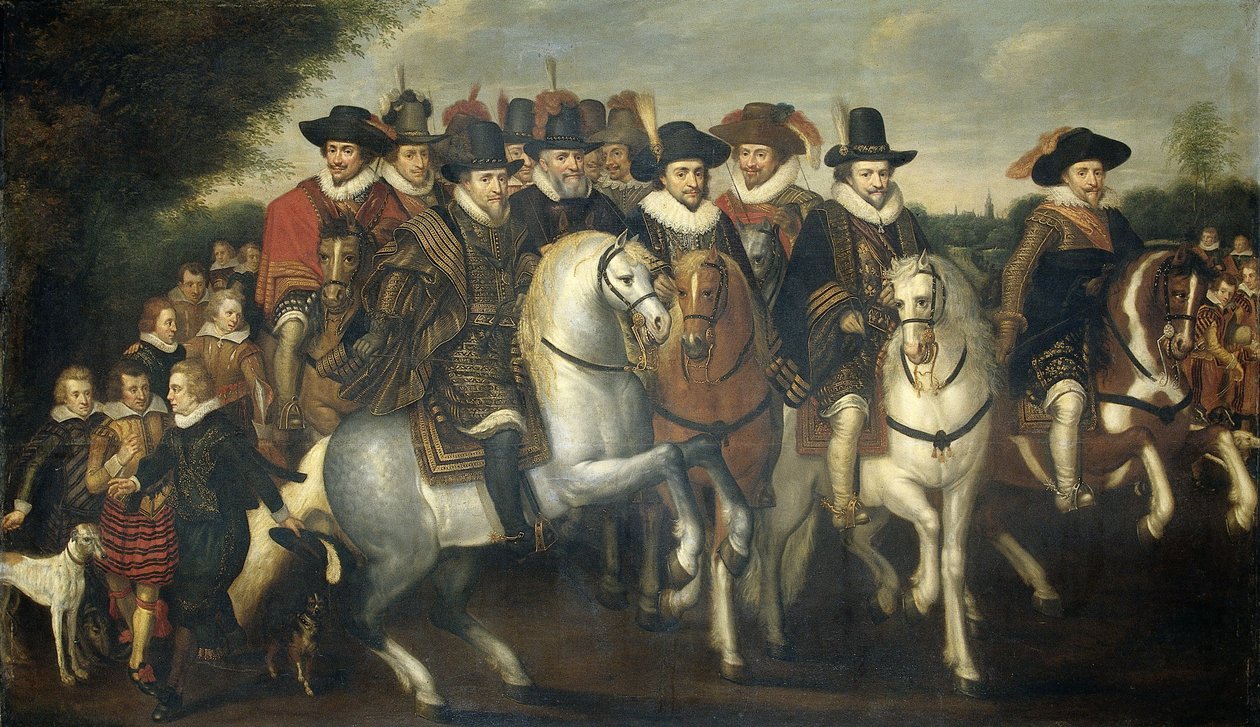 Prinz Moritz begleitet von seinen zwei Brüdern, Friedrich V., Kurfürst von der Pfalz, und Grafen von Nassau zu Pferd, ca. 1625 von Adriaen Pietersz van de Venne