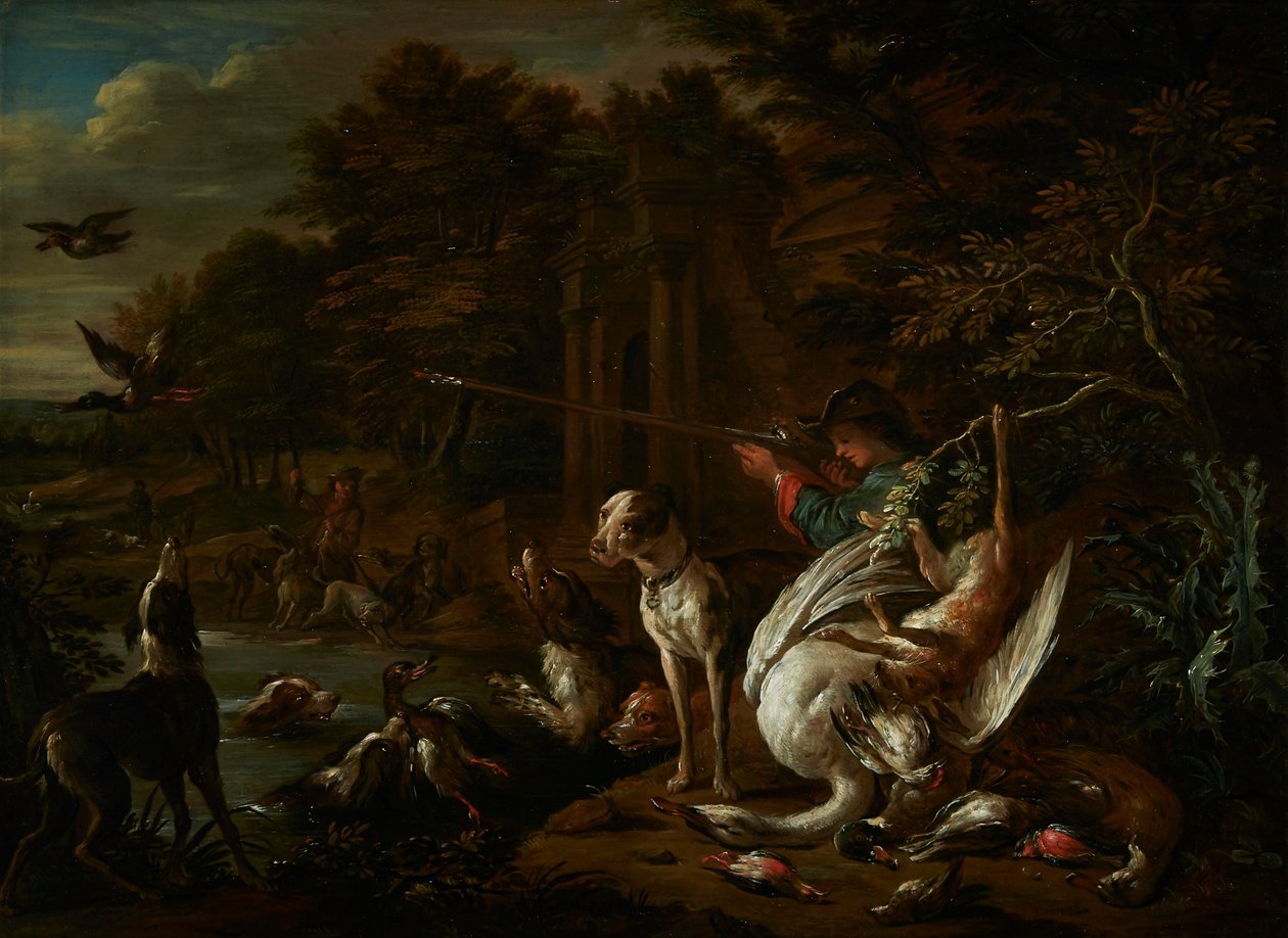 Jäger mit totem Schwan am Wasser von Adriaen de Gryef
