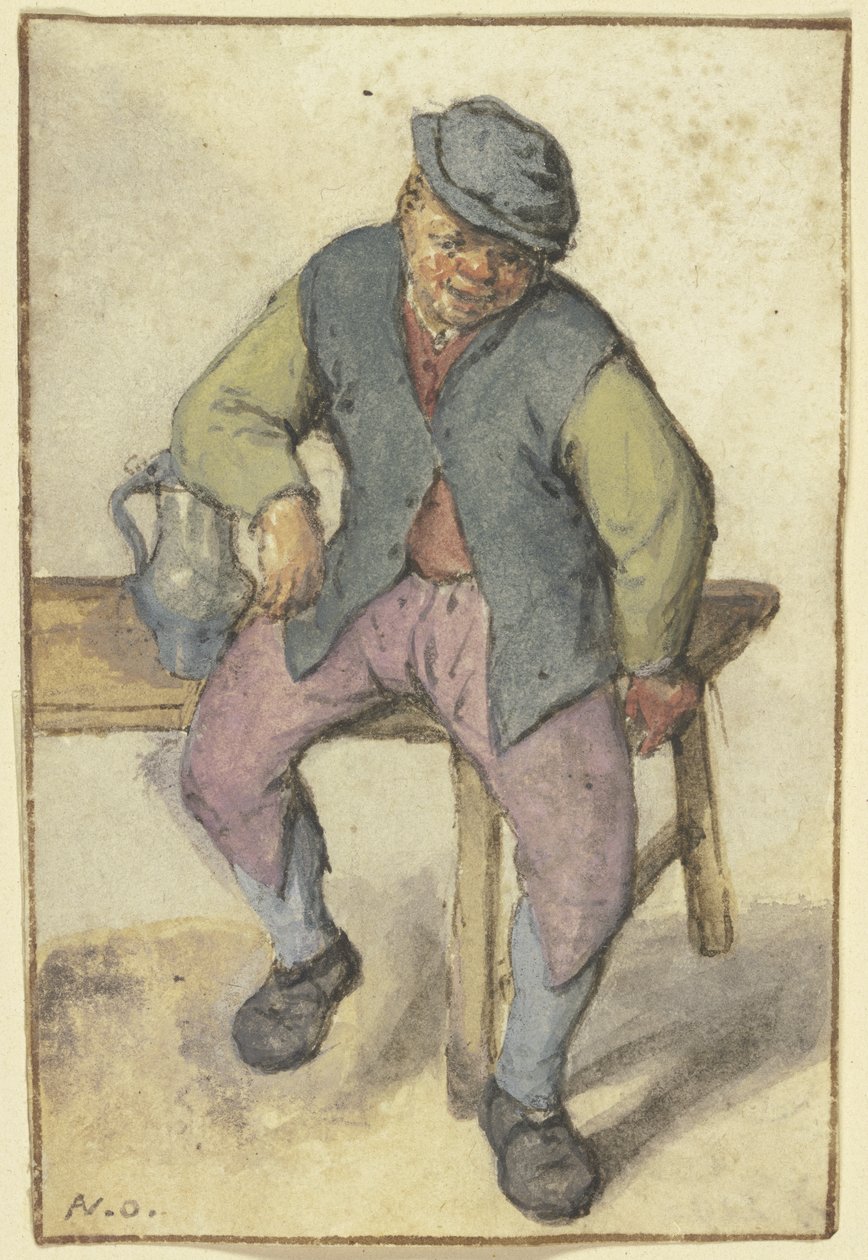 Auf einem Tisch sitzender Bauer von Adriaen van Ostade
