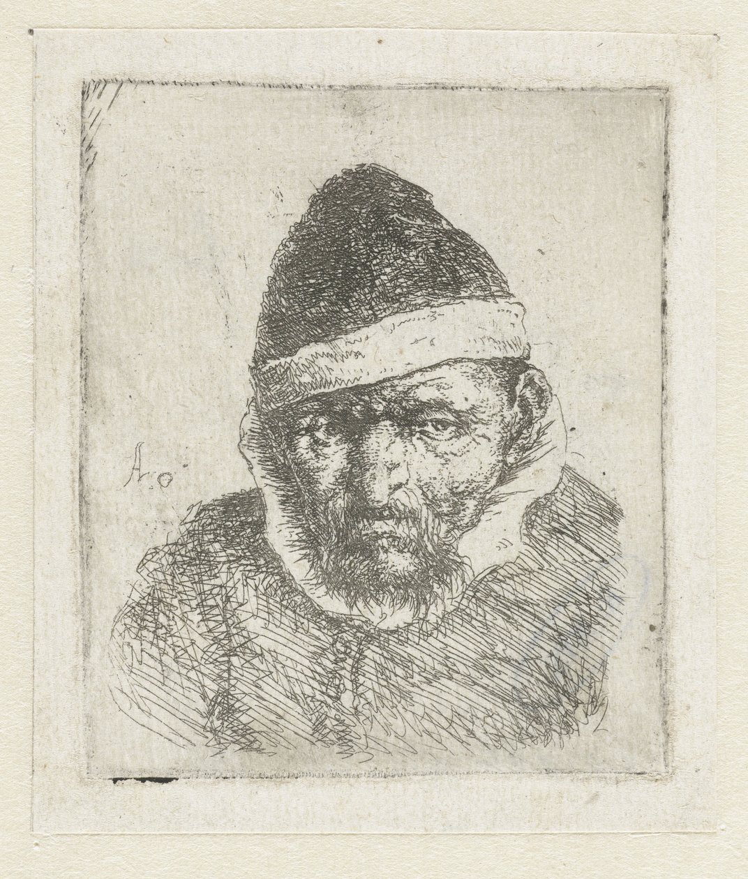 Büste eines alten Bauern mit einer Spitzmütze von Adriaen van Ostade