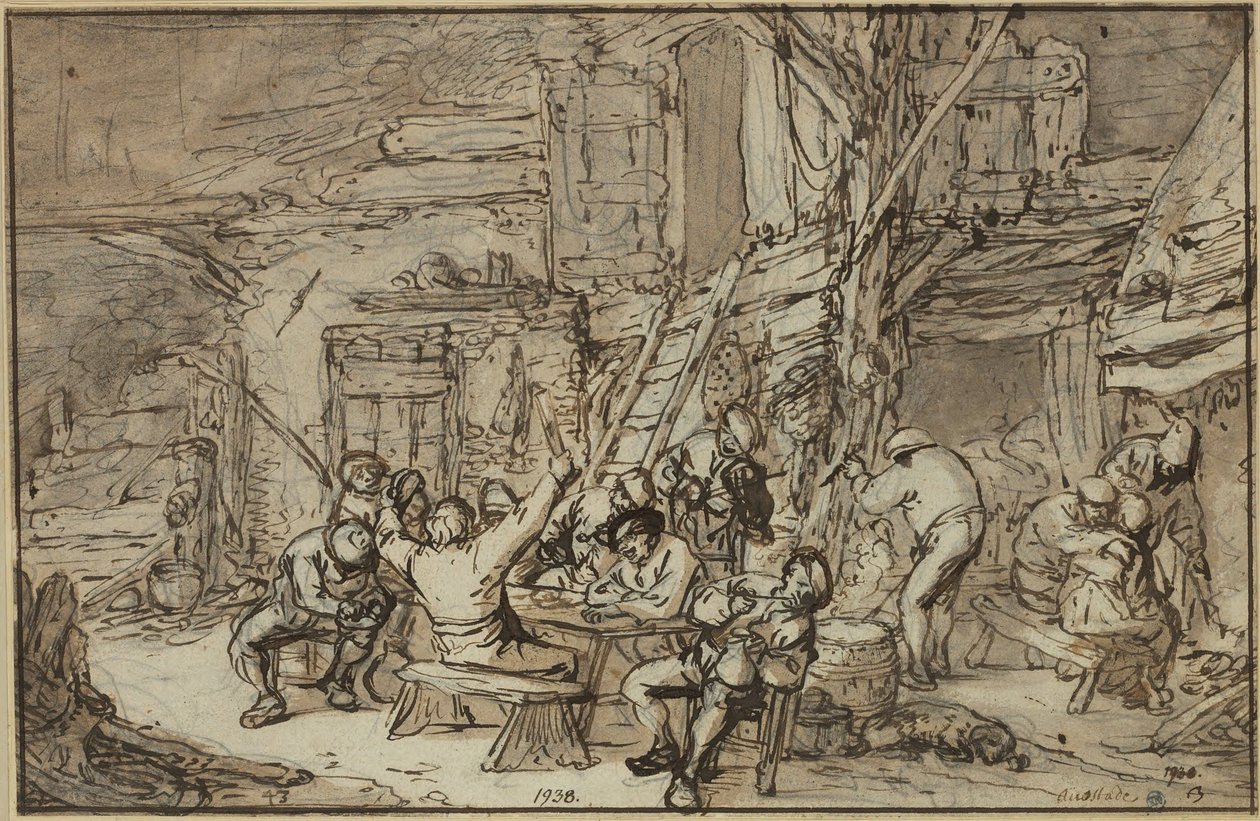Zechernde Bauern in einer Taverne mit einem Geiger von Adriaen van Ostade