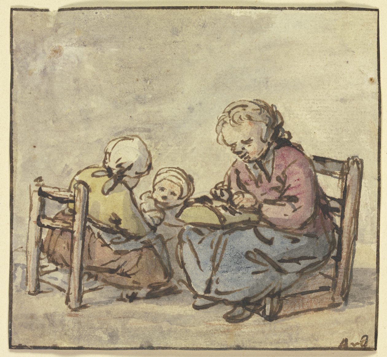 Drei Mädchen, das älteste beim Spitzenklöppeln von Adriaen van Ostade