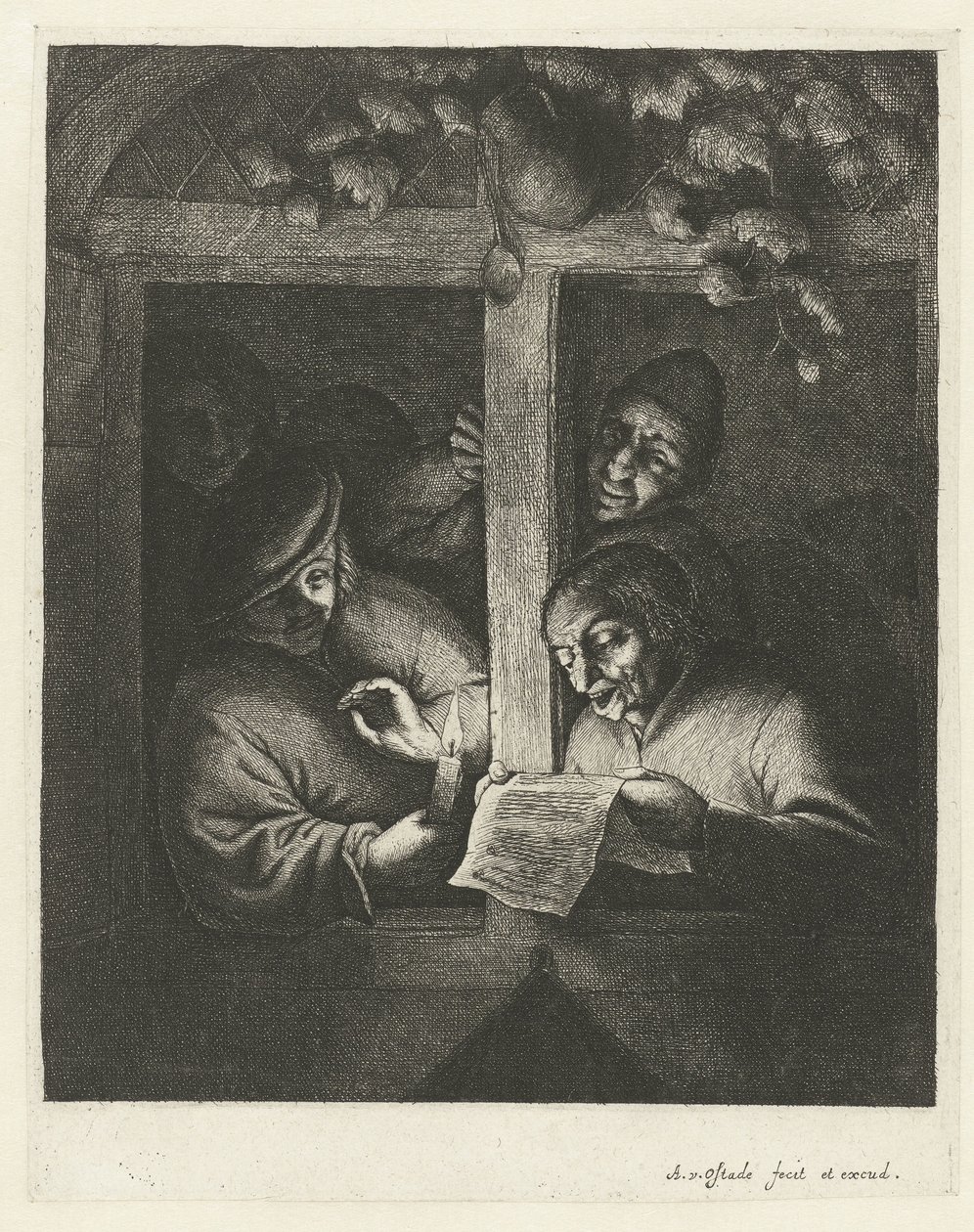 Drei Männer singen bei Kerzenlicht am offenen Fenster von einem Blatt Papier von Adriaen van Ostade