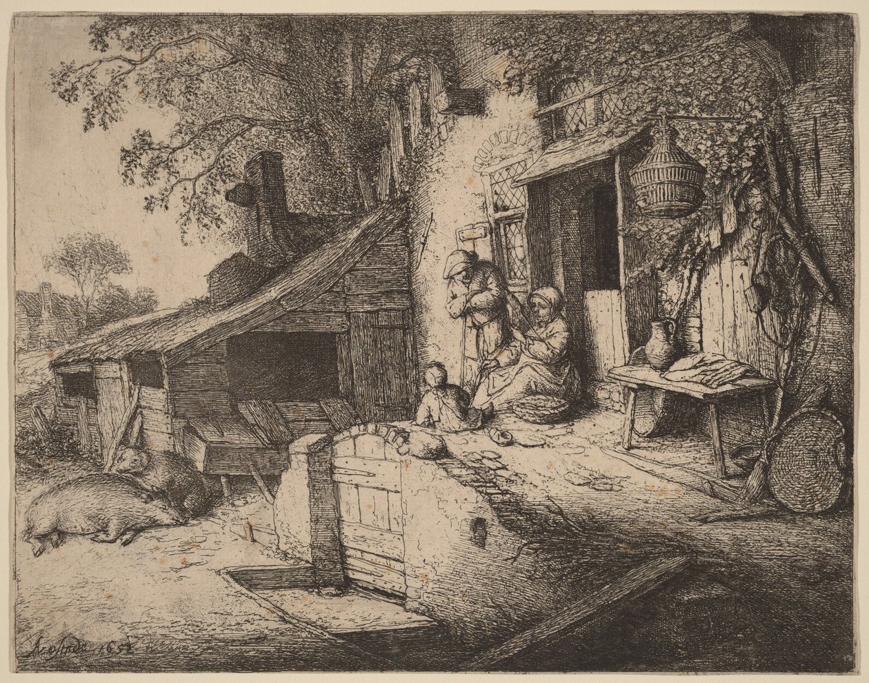 Bauernhof mit einer Bauernfamilie vor der Haustür, die Frau spinnt von Adriaen van Ostade