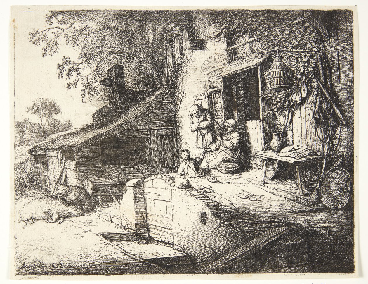 Frau, die vor einem Bauernhaus spinnt von Adriaen van Ostade