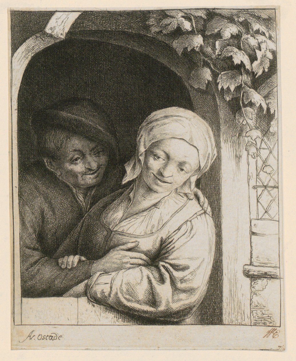 Ländliche Zärtlichkeit - Bauernpaar in Haustür von Adriaen van Ostade