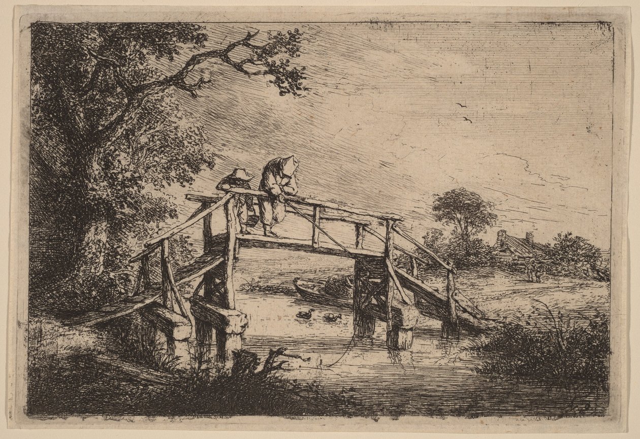 Landschaft mit einer Brücke und zwei Fischern von Adriaen van Ostade