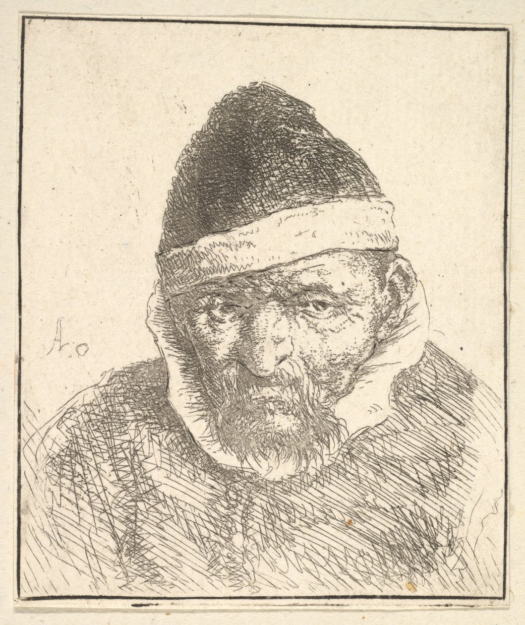 Alter Mann mit weißem Kragen und spitzem Hut von Adriaen van Ostade