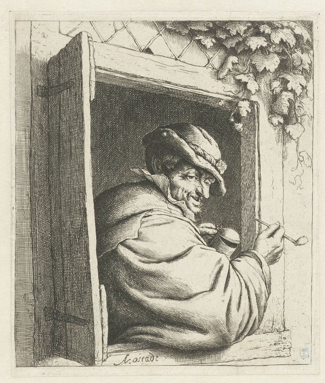 Rauchender Bauer in einem Fenster von Adriaen van Ostade