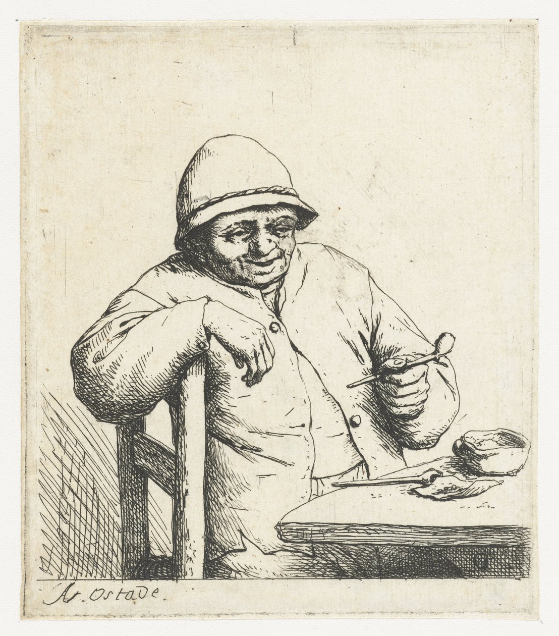 Rauchender Bauer mit dem Arm über einer Stuhllehne von Adriaen van Ostade