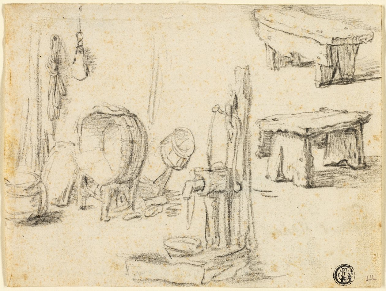 Skizzen von Pumpe, Waschzuber, Bänken von Adriaen van Ostade
