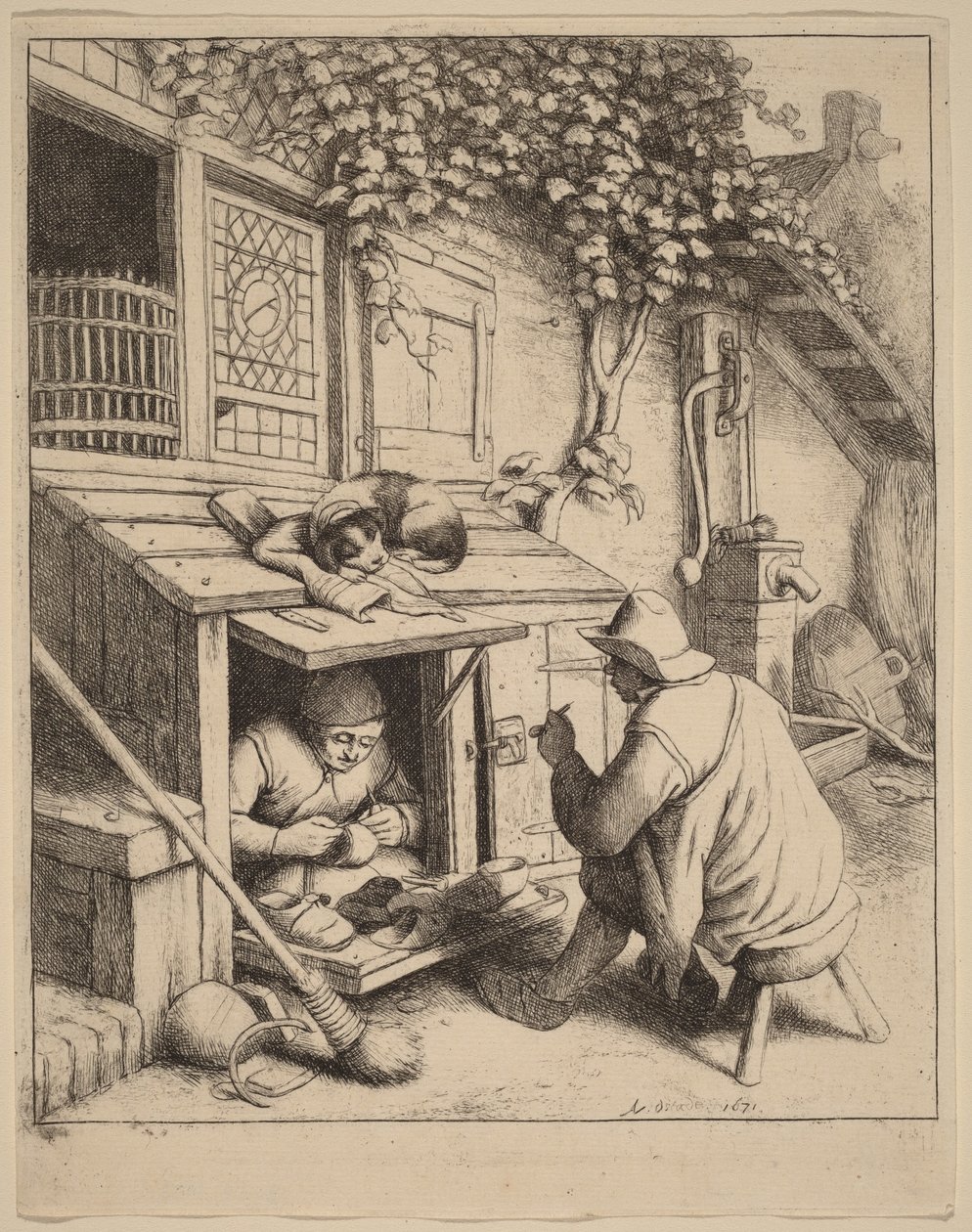 Raucher auf einem Hocker im Gespräch mit einem arbeitenden Schuster von Adriaen van Ostade