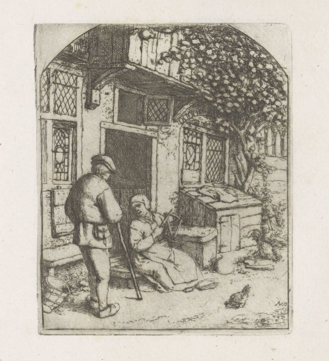 Spinnerin auf der Schwelle eines Hauses von Adriaen van Ostade