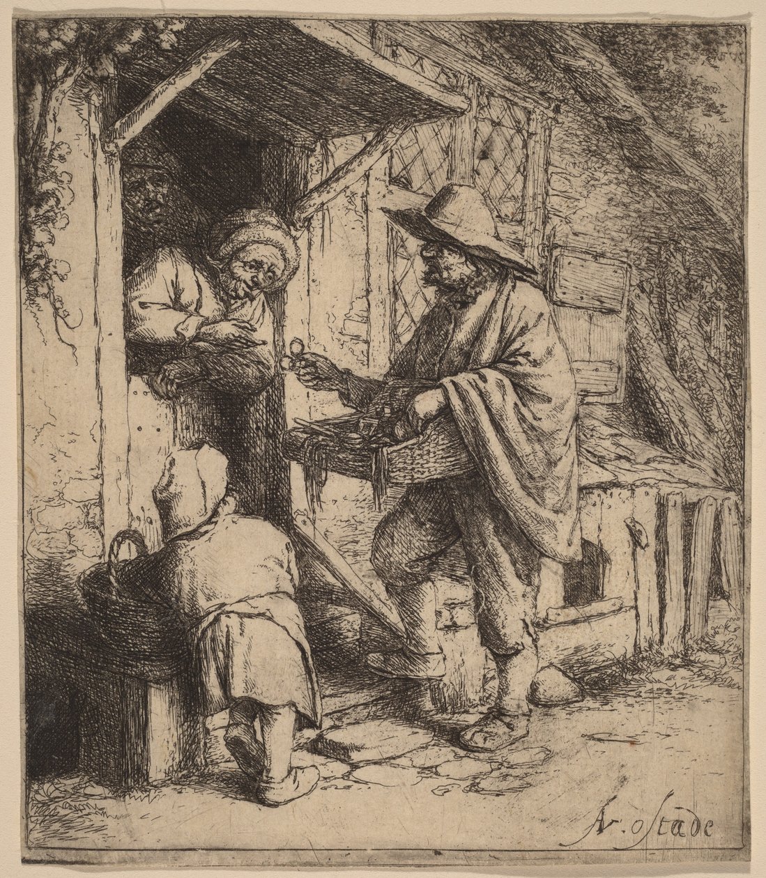 Straßenhändler, der an der Tür Brillen verkauft von Adriaen van Ostade
