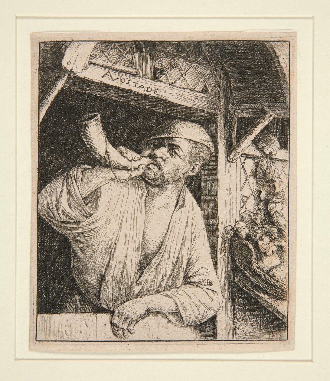 Der Bäcker, der sein Horn bläst von Adriaen van Ostade