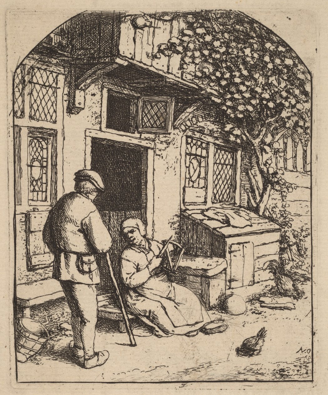Zwei Bauern vor einem Haus, die Frau wickelt Wolle von Adriaen van Ostade