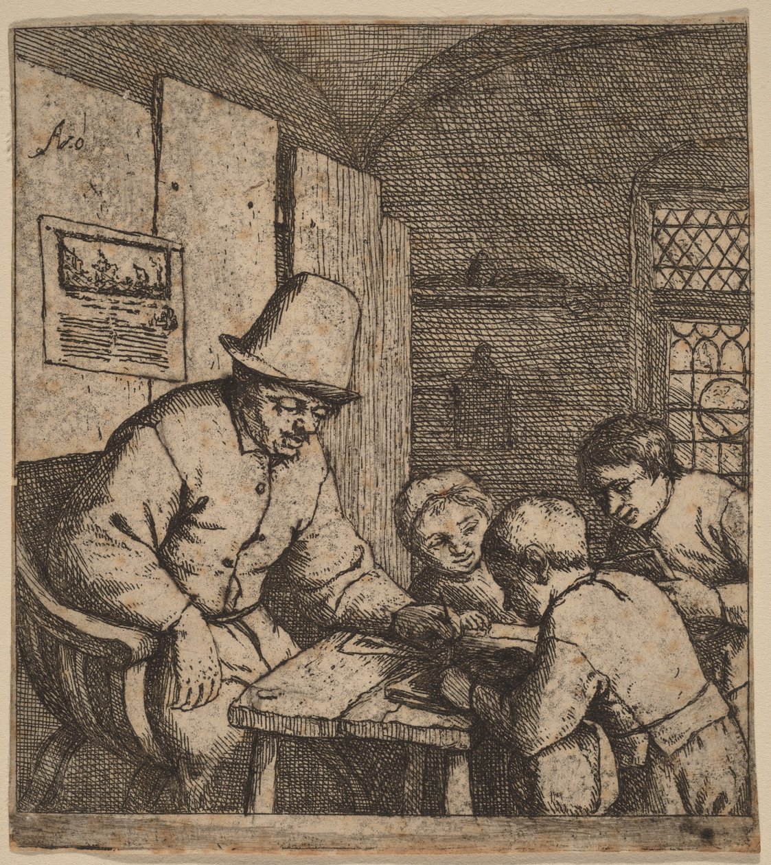 Dorfschullehrer mit drei Schülern von Adriaen van Ostade