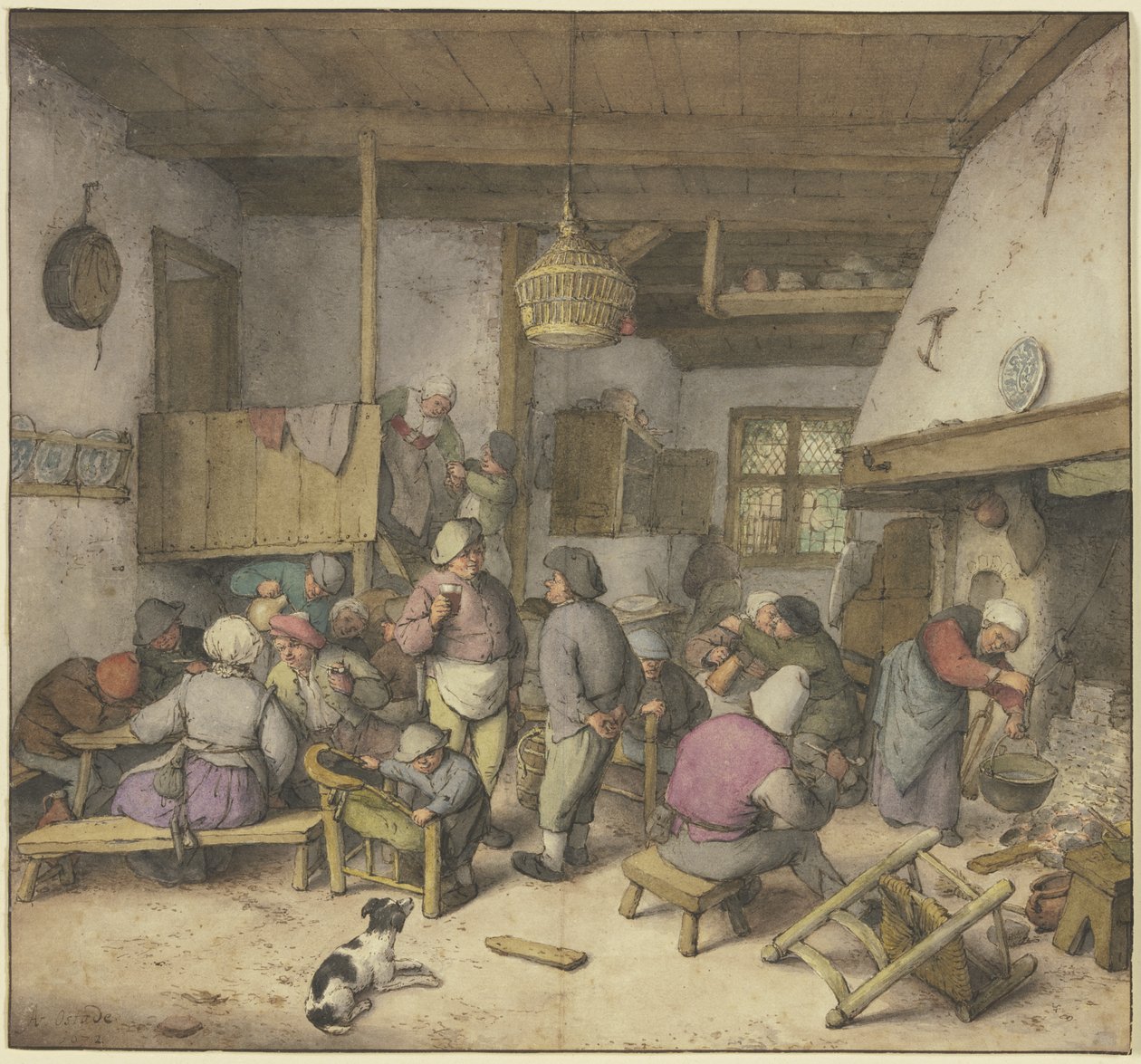 Wirtshausinterieur mit rauchenden, trinkenden und kosenden Bauern von Adriaen van Ostade