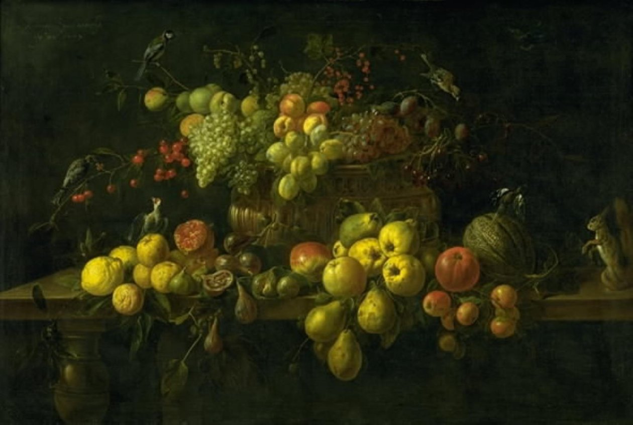 Stillleben mit Früchten auf einem Tisch von Adriaen van Utrecht