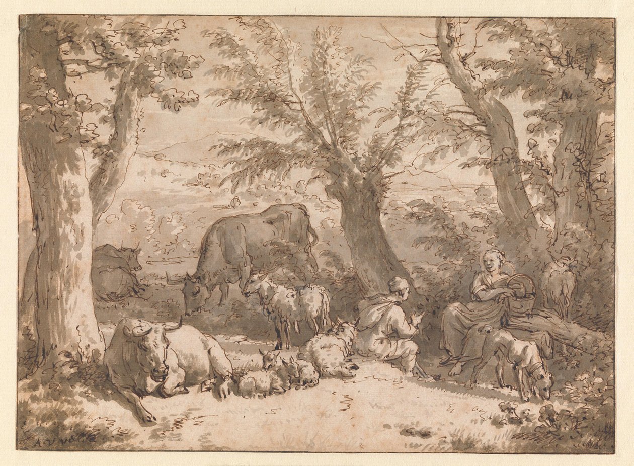 Landschaft mit Hirte und Hirtin und Vieh von Adriaen van de Velde