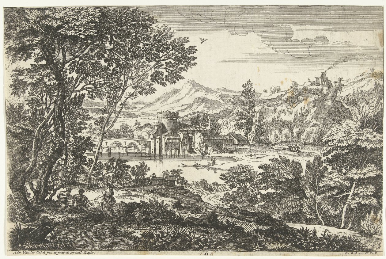 Landschaft mit drei Personen unter einem Baum (Landschaften, Serie fünf) von Adriaen van der Kabel