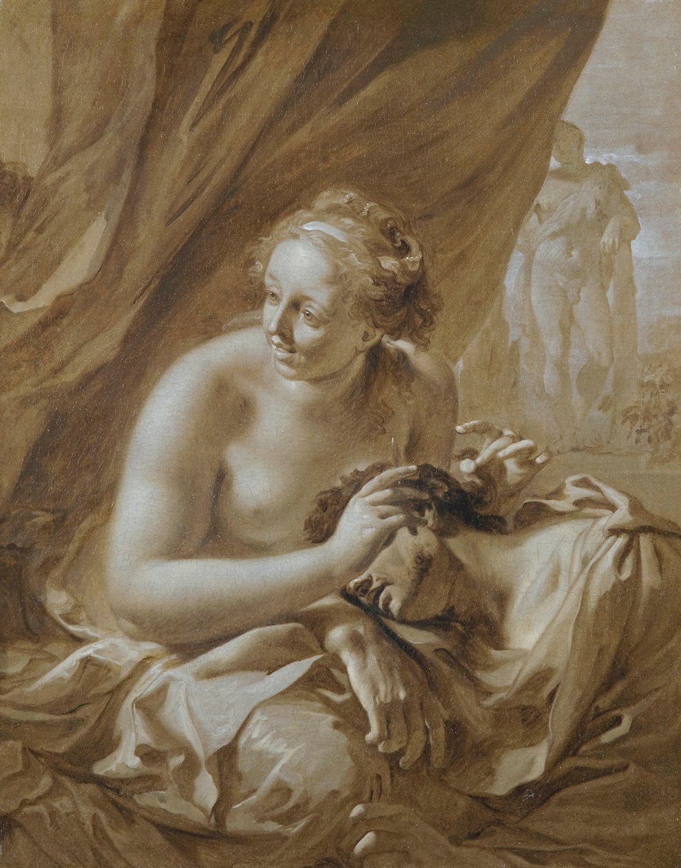 Während Samson in Delilas Schoß schläft, ruft sie seine Feinde herbei, um ihm die Haare abzuschneiden (Richter 16:19) von Adriaen van der Werff