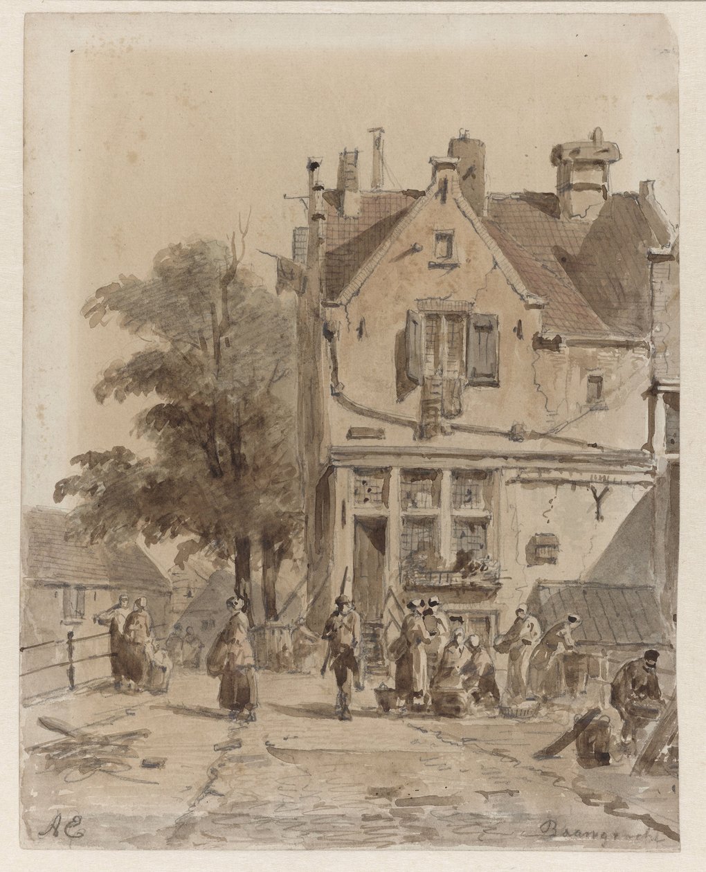 Ansicht einer Brücke über die Baangracht in Amsterdam, mit Lebensmittelhändlern von Adrianus Eversen