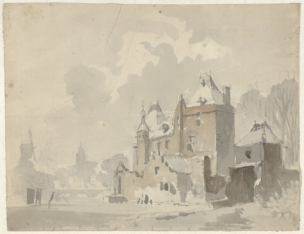 Ansicht eines fantasievollen(?) Schlosses in der Nähe einer Stadt von Adrianus Eversen