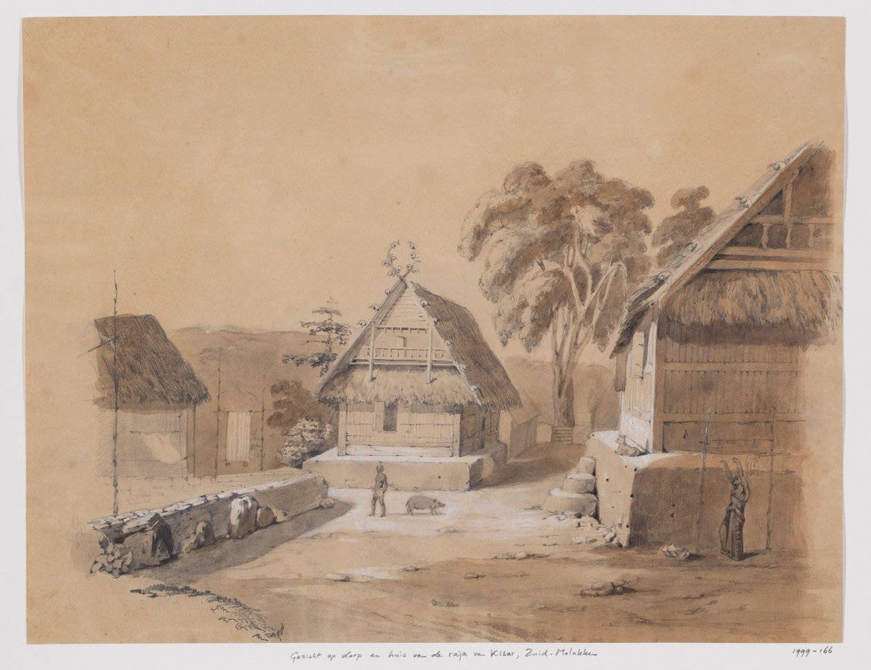 Ansicht des Dorfes und des Hauses des Raja von Kisar, Süd-Molukken von Adrianus Johannes Bik