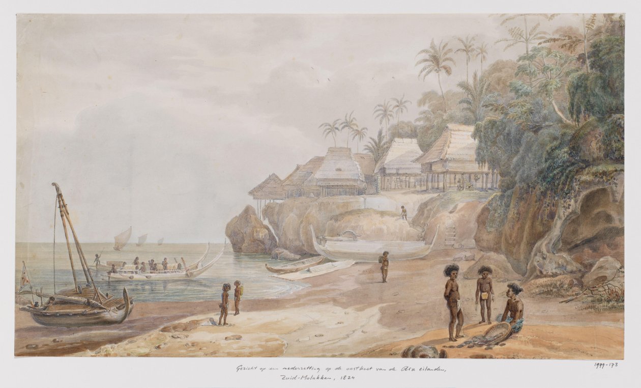 Ansicht einer Siedlung an der Ostküste von Workai, Aru-Inseln, Südost-Molukken von Adrianus Johannes Bik