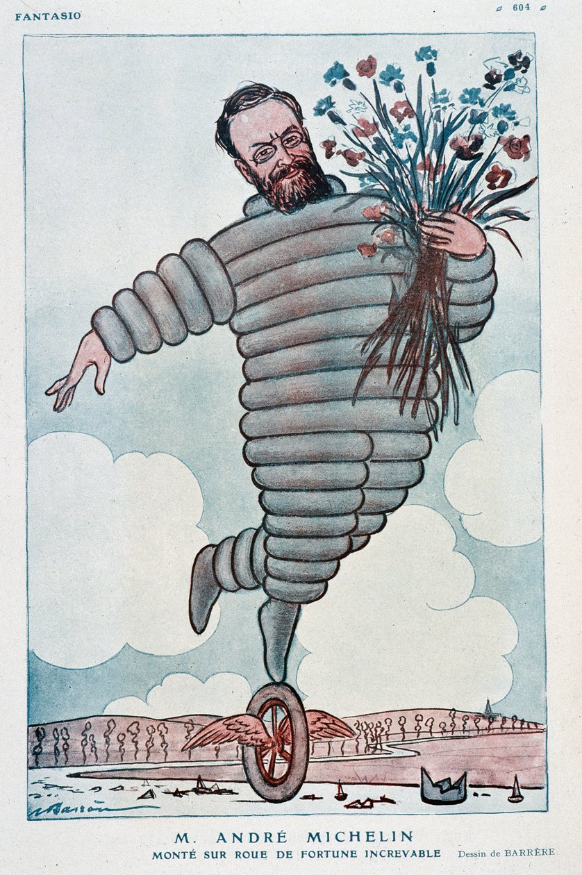 Karikatur von Andre Michelin und Bibendum - Illustration von Adrien Barrere (1877-1931) in „Fantasio“ vom 01/07/1923 von Adrien Barrere