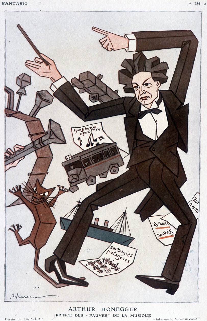Karikatur von Arthur Honegger „Prinz der Fauves der Musik“, Schweizer Komponist (1892-1955) - von Barrère, in „Fantasio“ vom 01.01.1930 von Adrien Barrere