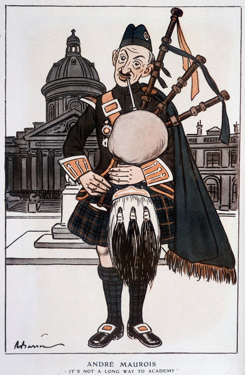 Karikatur in Academician von André Maurois (Pseudonym von Emile Herzog), französischer Romanautor, Essayist und Historiker (1885-1967) - von Barrère, in „Fantasio“ vom 15.04.1929 von Adrien Barrere