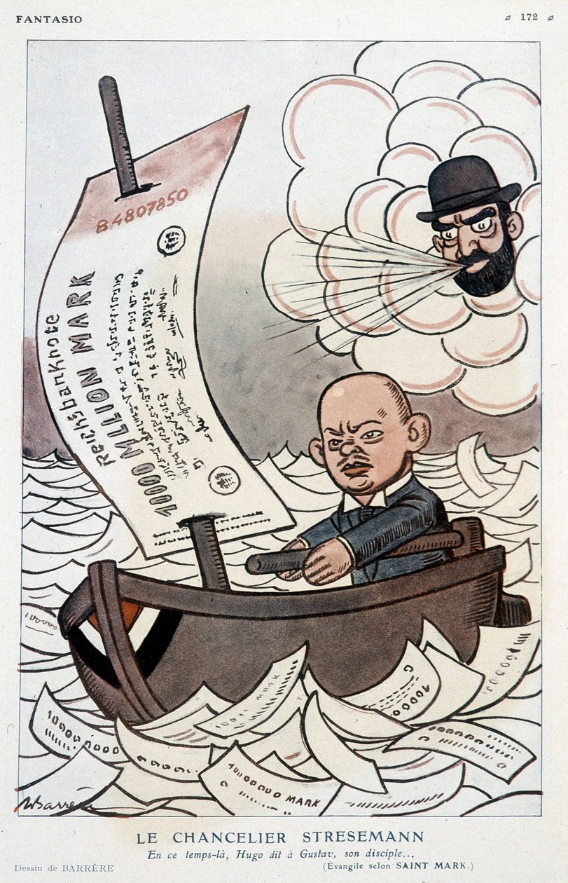 Karikatur über den deutschen Kanzler Gustav Stresemann und die Abwertung der Mark - Illustration von Adrien Barrere in „Fantasio“ vom 01.11.1923 von Adrien Barrere